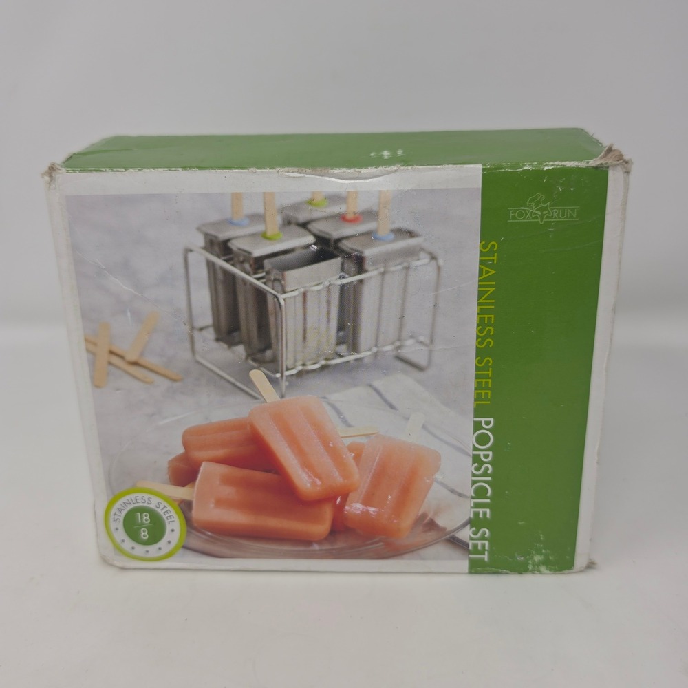 Fox Run Stainless Steel Popsicle Set 6 Mold Maker with Rack and 50 Sticks 18/8